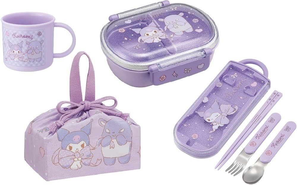 スケーター(Skater) クロミ 25 ビッグリボン 抗菌 食洗機対応 ふわっとフタタイトランチボックス 小判型 お弁当箱 360ml トリオセット (箸/スプーン/フォーク) コップ ランチ巾着