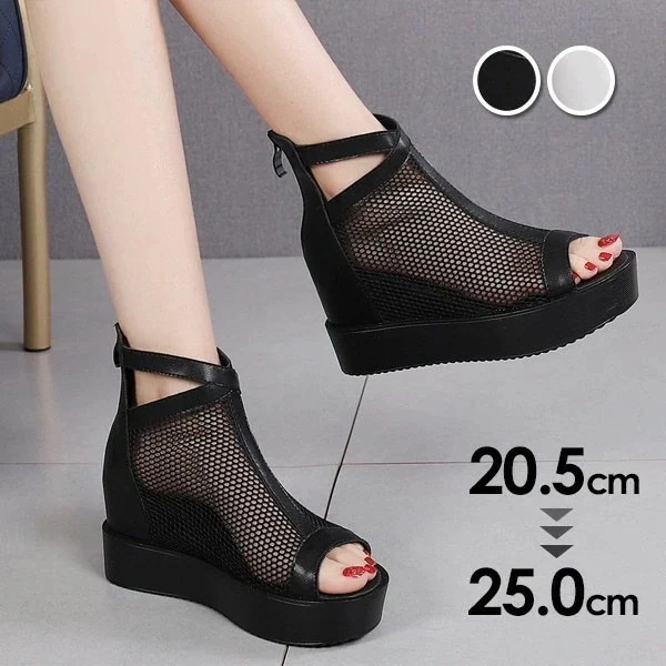【今季トレンド】ブーツサンダル ウェッジソール インヒール PU メッシュ レディース サマーブーツ 厚底 オープントゥ 後ファスナー付き 美脚 おしゃれ ブラック ホワイト20.5~25.0zkw1