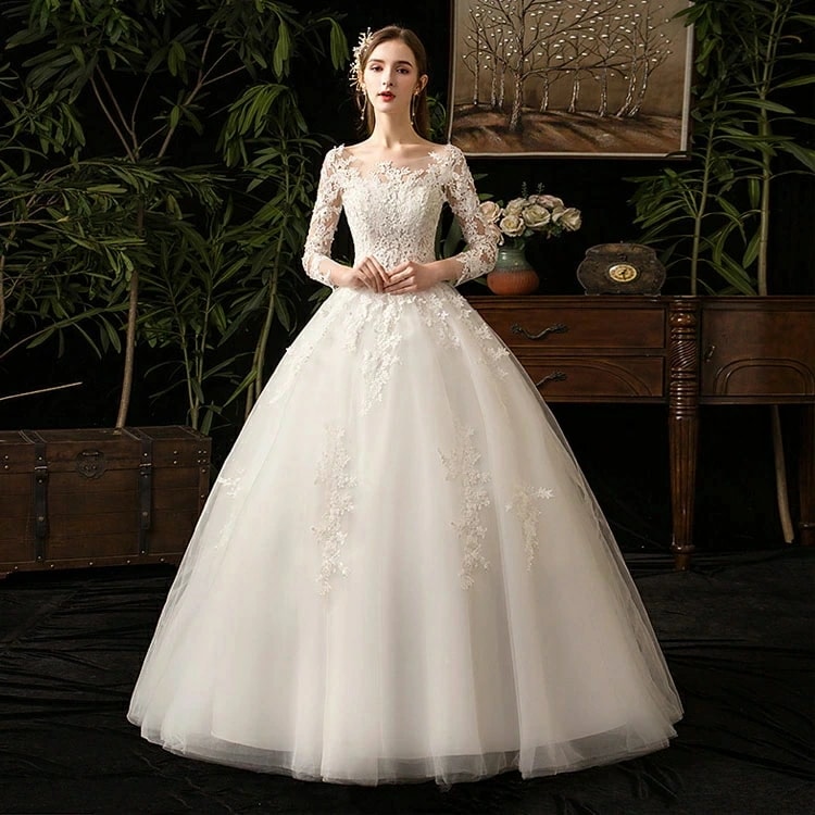 ウェディングドレス レース チュール ロングドレス ブライダルドレス 白 Aライン プリンセスドレス 花嫁ドレス ウェディング ドレス 袖あり ホワイトドレス 海外挙式 二次会ドレス 結婚式ドレス S