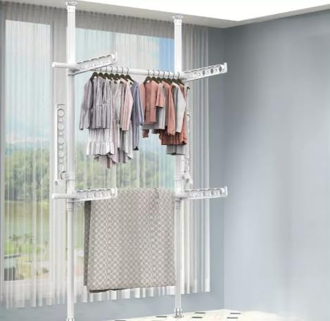 ベランダ突っ張り物干し ステンレス製 耐荷重力強化 調整可能 プラスチック製部品付き ホワイト