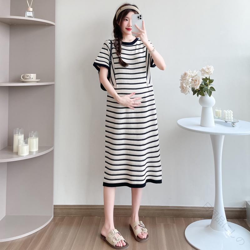 （Qoo10限定）レディース ワンピース マタニティ 妊婦服 授乳服 春夏 ラウンドネック ストライプ柄 膝丈 Aライン 綿混紡 快適 杏色 色レディース ワンピース マタニティ