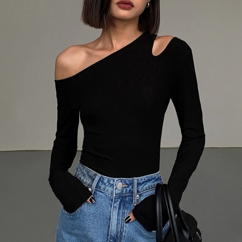 トップス カットソー 袖あり 長袖 ワンショルダー ワンショル スリム 細身 ストレート アシンメトリー 薄手 かわいい 大人可愛い シンプル カジュアル 大人 おしゃれ お洒落 かっこいい