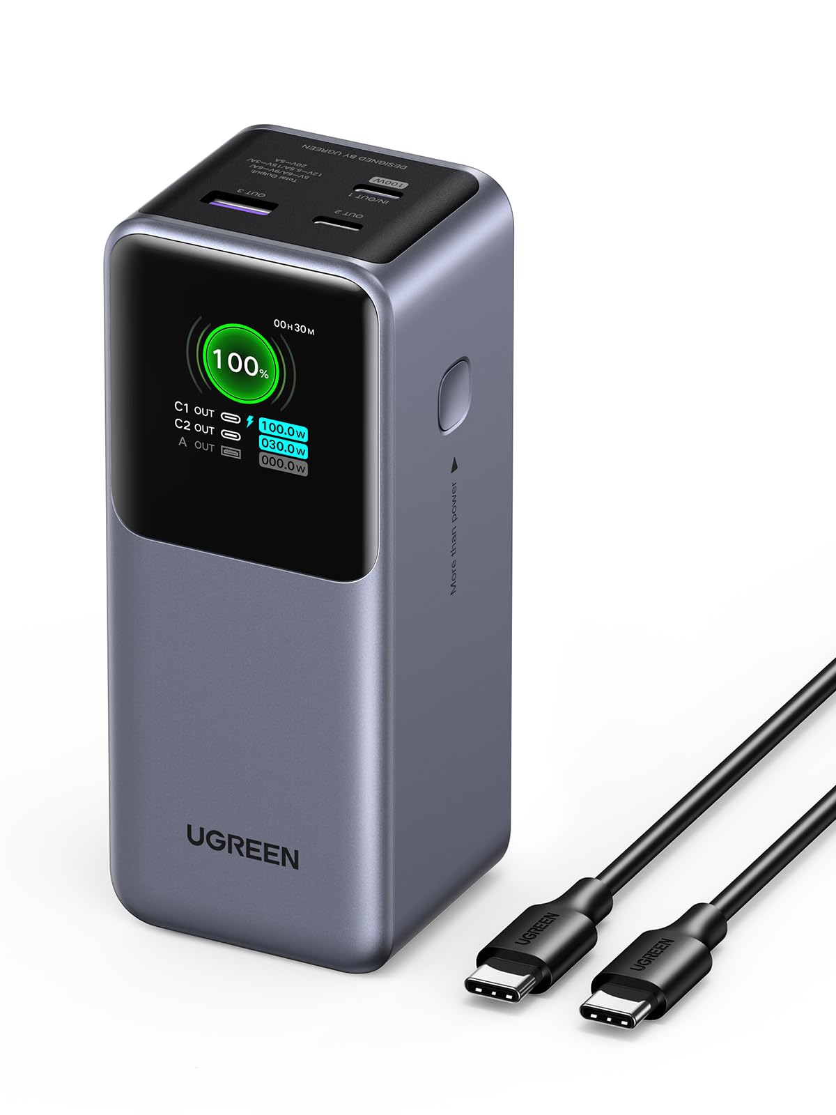 UGREEN Nexode モバイルバッテリー (20000mAh・130W) 3ポート USB-C×2 USB-A×1 革新なTFTディスプレイ PD・PPS急速充電対応 大容量 縦置きデザイン 省