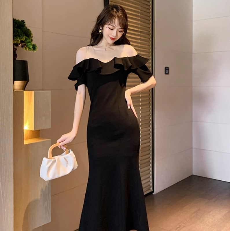 ワンピース モテアイテム イブニングドレス マーメイド オフショルダー レース フリル ロング丈 マキシ シフォン パーティー かわいい 大人可愛い シンプル 大人 おしゃれ お洒落 レトロ 大人女子