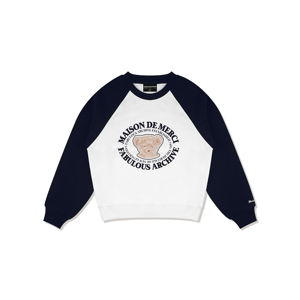 ファビュラスアーカイブ女性用クロップスウェットシャツベアフレンズツートーンミックススウェットシャツネイビーホワイト (FCC3TS450W)