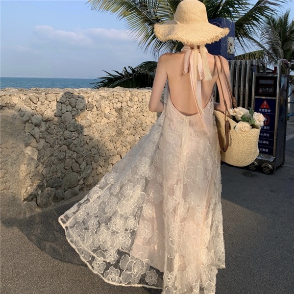リゾートワンピース 背中開き 体型カバー 夏ワンピ ロングワンピース 沖縄 海外旅行 レディース マキシワンピース おしゃれ 大人可愛い