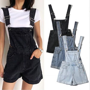 ハイウエスト ミニデニムサロペット オーバーオール レディース ショートパンツ ミニパンツ クラッシュデニム オールインワン 半ズボン 短パン スリム 着痩せ カジュアル 26/27/28/29 美脚