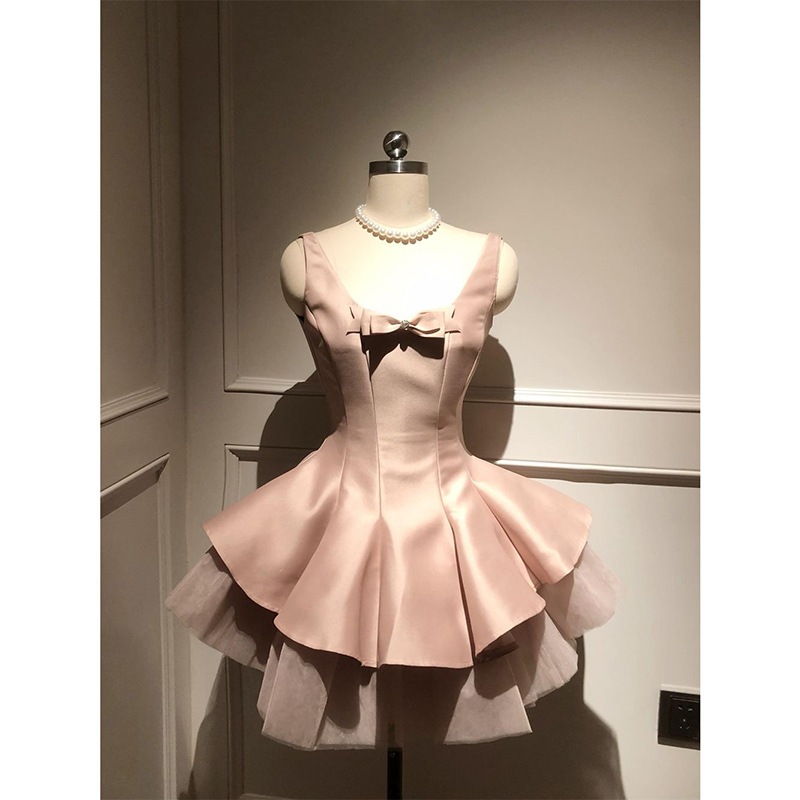 フレンチスタイルのエレガントなレディライクな蝶ネクタイスリップドレス夏スタイルスリムでフレアなプリンセスドレス