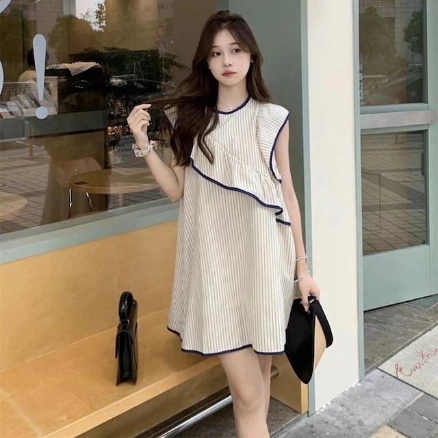 24 ノースリーブワンピース フリル ストライプ ミニ 韓国ファッション
