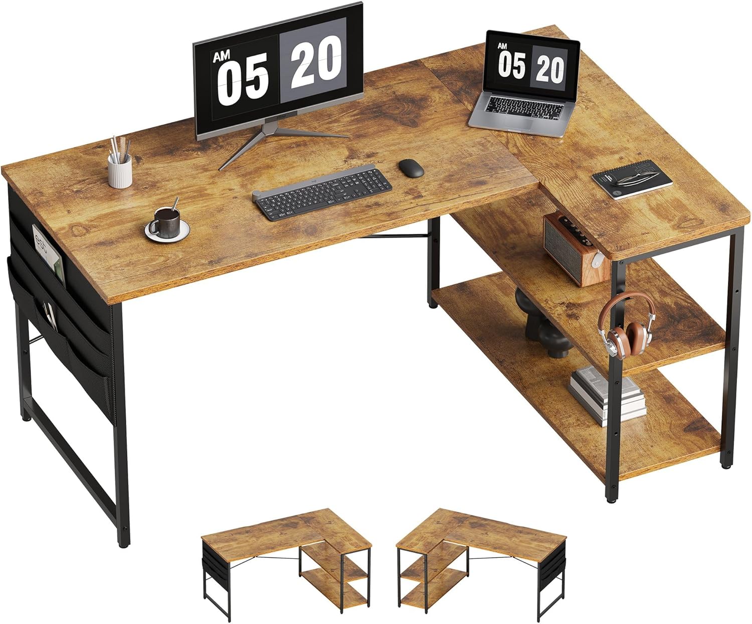 パソコンデスク 机 学習机 右棚左棚 幅107cm ゲーミングデスク l字デスク pcデスク 収納袋付き勉強机 コーナーデスク 本棚付き ビンテージ