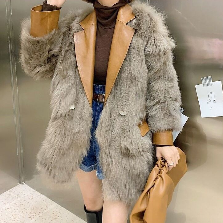 韓国ファッション イミテーション キツネ毛皮 PU アウター 皮ジャケット レディース 新しい フェイクファー 毛皮コート