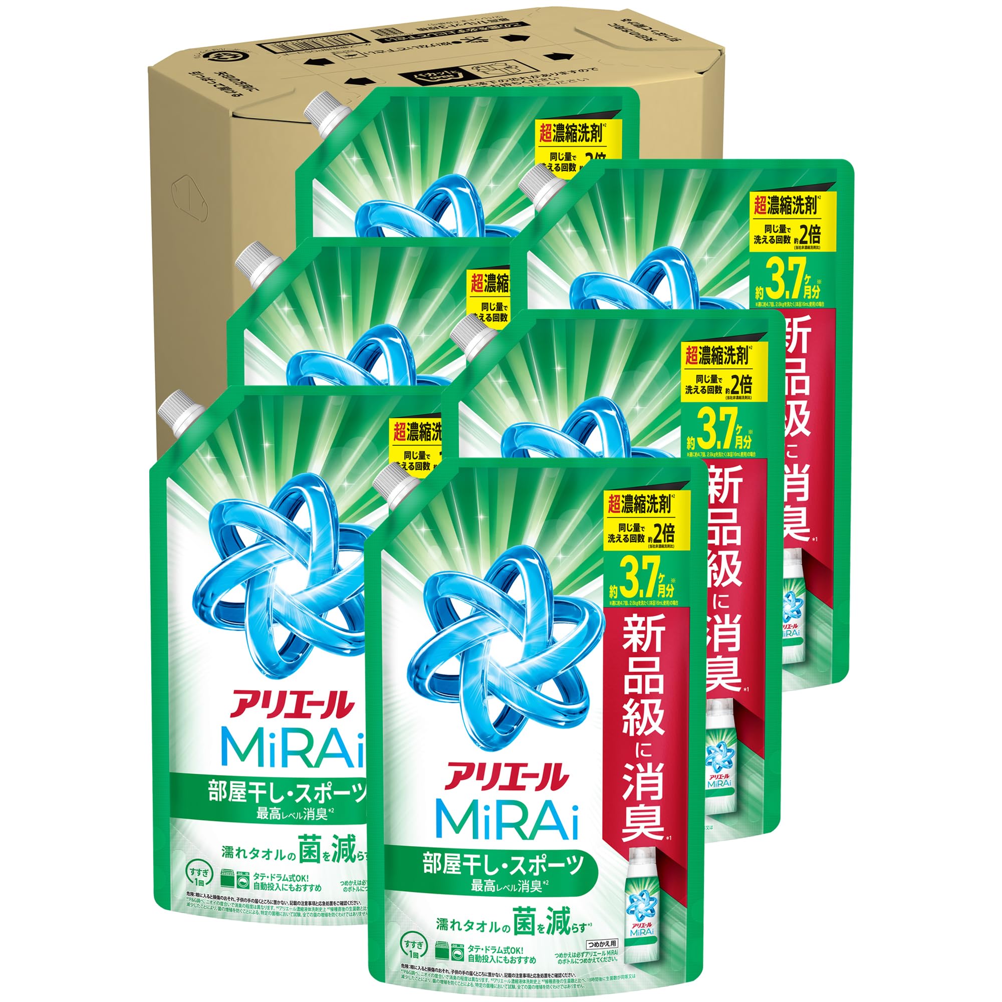 アリエール ミライ 超濃縮 液体【ケース品】大容量 1170g×6袋 部屋干し＆スポーツ消臭 コンパクト 洗濯洗剤 詰め替え