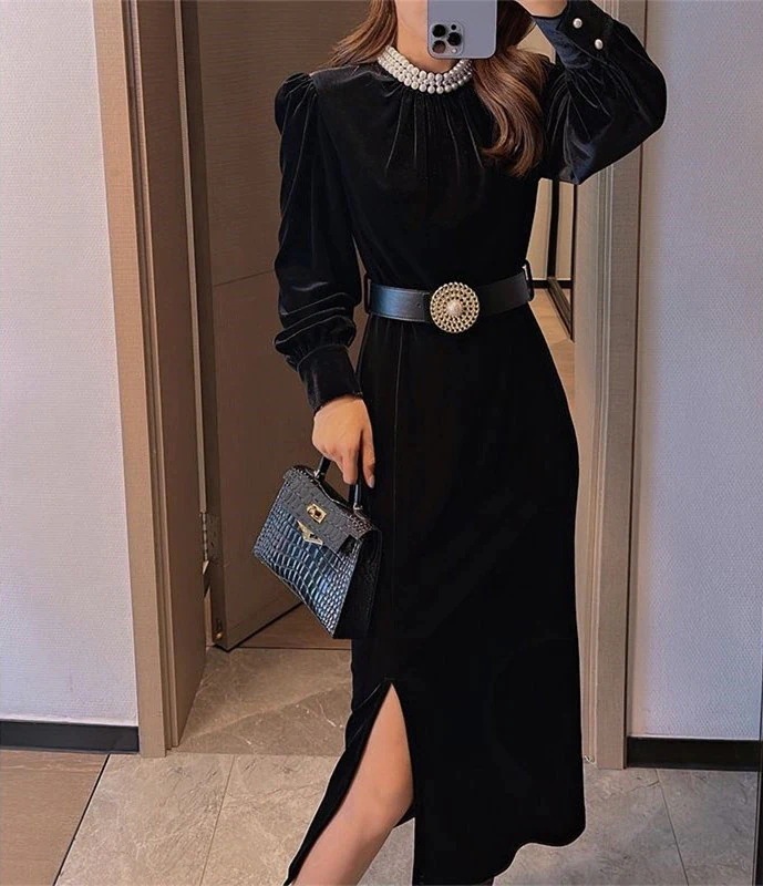 ハイエンド オーダーメイド 新しい 快適です レディース パール スカート フランス スリム 着痩せ ドレス