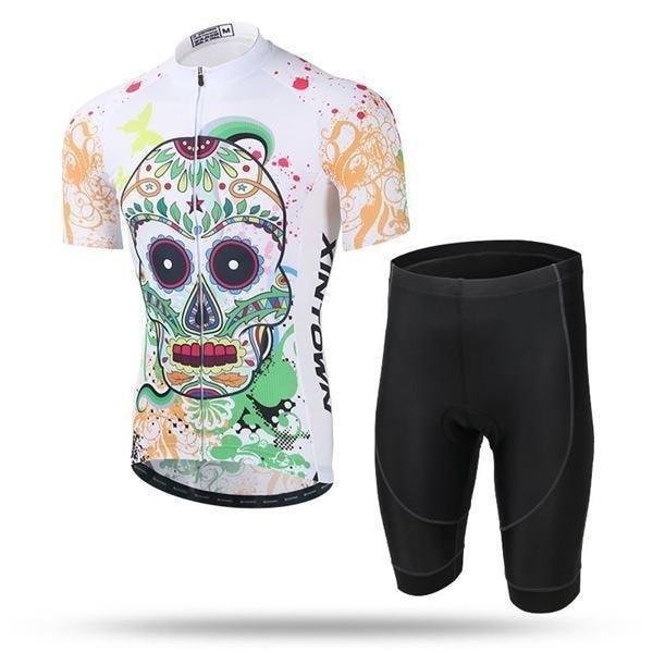 運動 自転車ウェア メンズ サイクリング裏ウエア 吸汗 速乾 ジャケット バイク スカル サイクルウェア 半袖 上下2点セット
