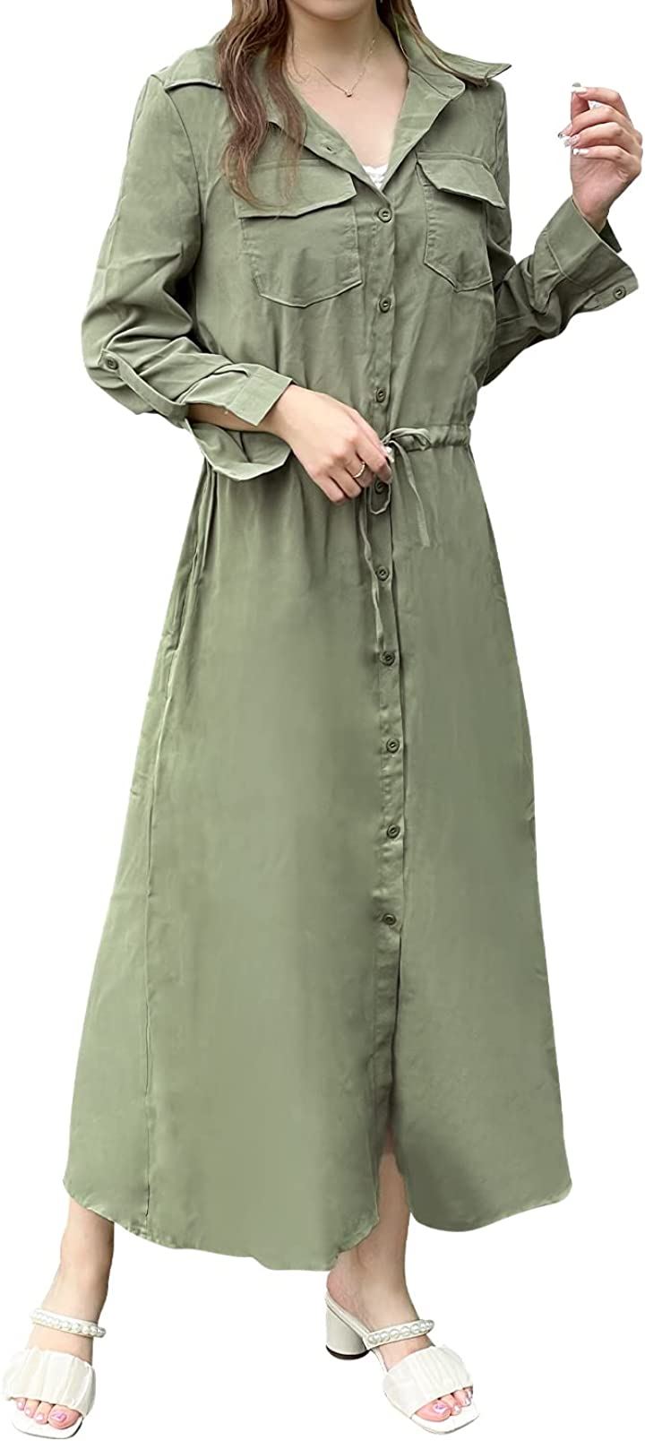 ワンピース レディース ロング シャツワンピース マキシ チュニック 長袖 無地 薄手 M(カーキ, M RegularLong)