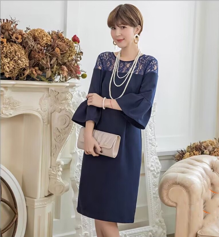 ワンピース ドレス 結婚式 パーティードレス お呼ばれ ベルスリーブ 大きいサイズ 披露宴 膝丈ワンピース レディース フォーマル ミディアム丈 着痩せ