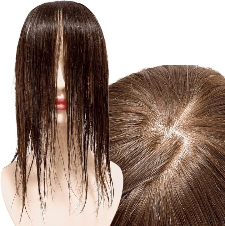 部分ウィッグ 前髪未カット センター分け 真ん中分け ヘアピース かつら 女性 レディース 人毛100% ストレート 分け目 シルク M(ナチュラルブラウン, 12x13cm (M))