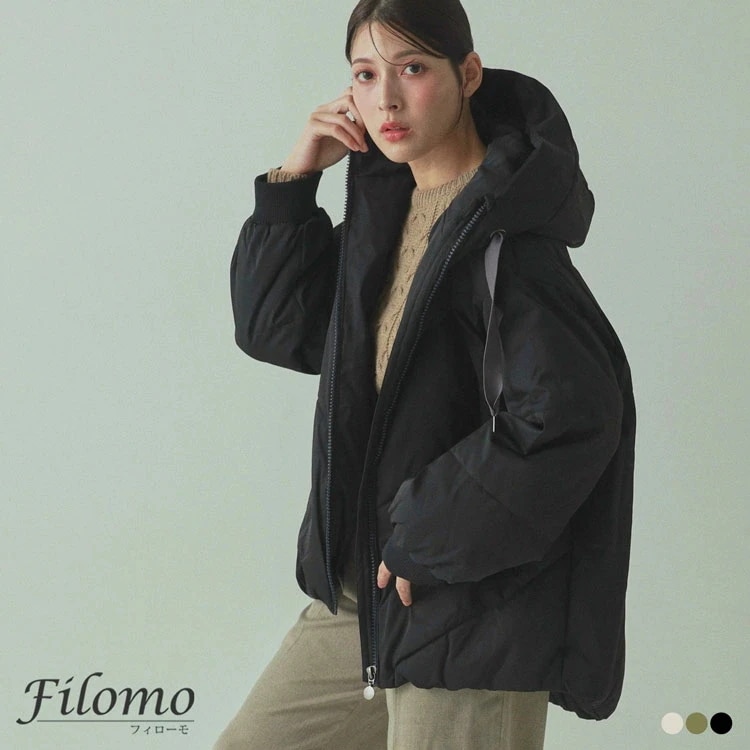 エコダウン 中綿コート ショート丈 レディース filomo ブランド ゆったり 大きいサイズ フード付き 防寒 暖かい ブラック 黒 中綿ジャケット 冬 アウター ミドル丈 母の日 ギフト アイボリ