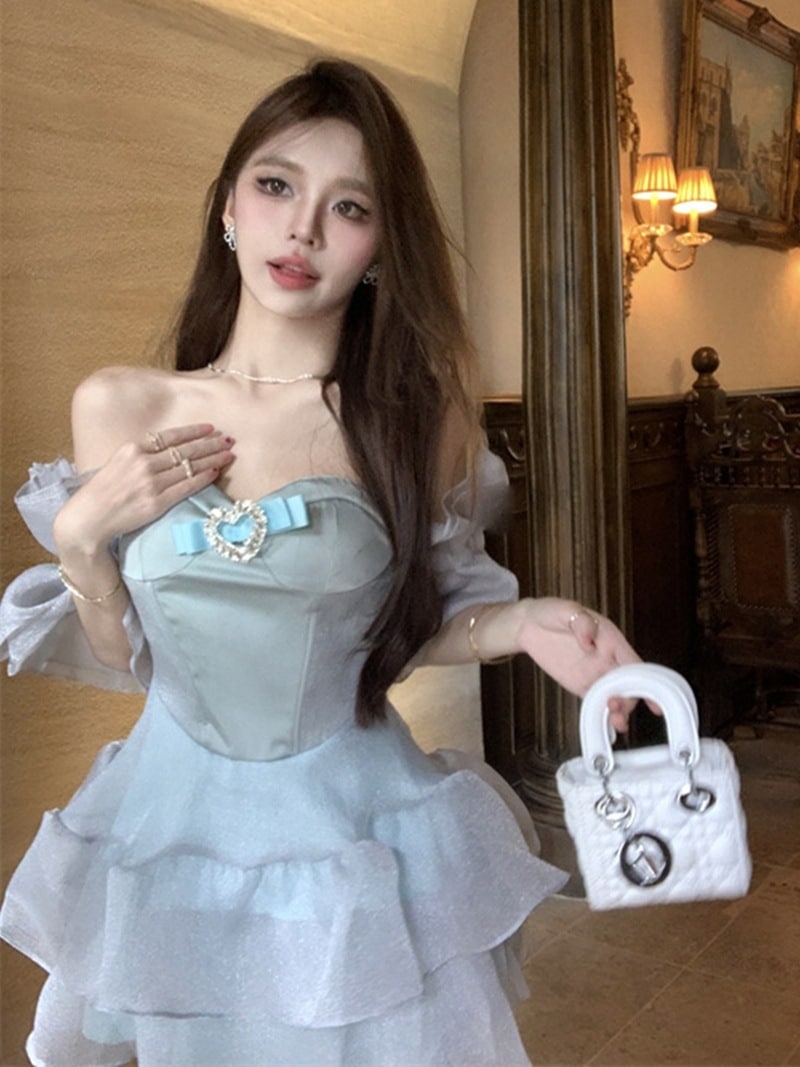 重工業ブライトダイヤモンドパフスリーブドレスレディースサマープリンセスケーキチュチュスカートワンショルダーフィッシュボーンブトッププリーツスカート