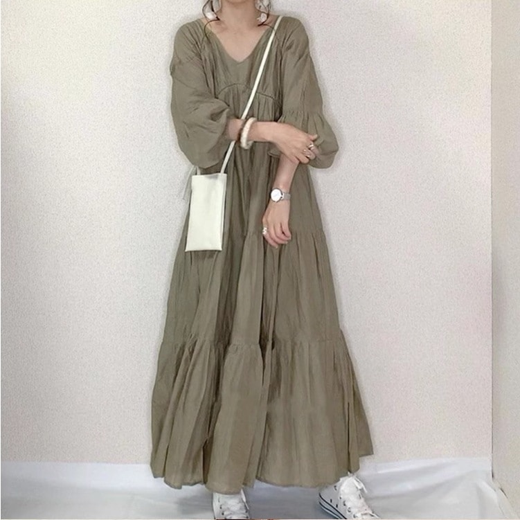 ゆったりワンピース ボリューム袖ワンピース レディース スカート ワンピース プルオーバー オールインワン フレア フレアスカート ロングスカート 膝下 ロング マキシ 7分袖 ボリューム袖