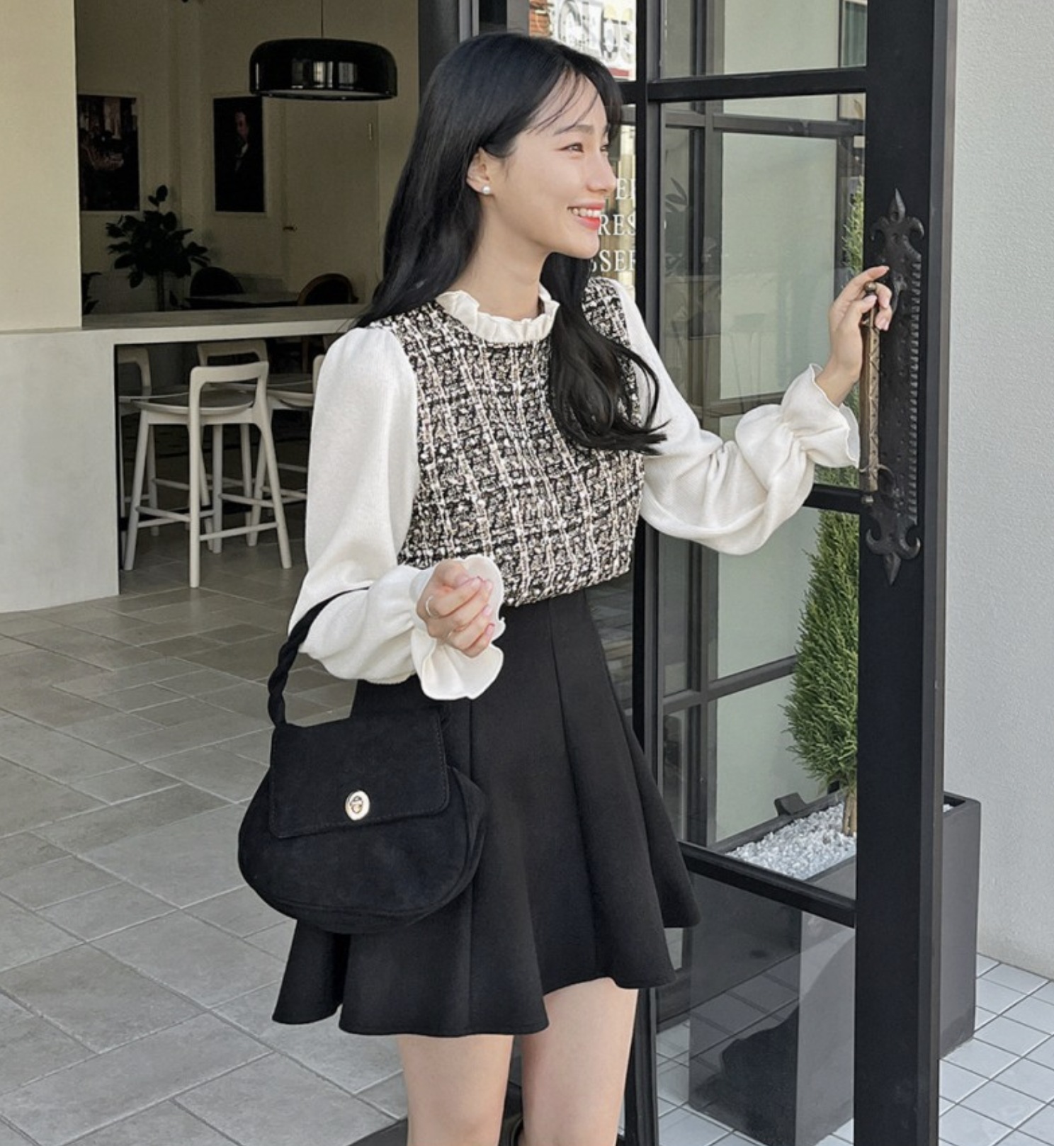 トップス シャツ ブラウス ニット ニットブラウス 袖あり 長袖 萌袖 フリルカラー フリル 切り替えデザイン ツイード かわいい 大人可愛い きれいめ シンプル 大人 上品 おしゃれ お洒落 レトロ