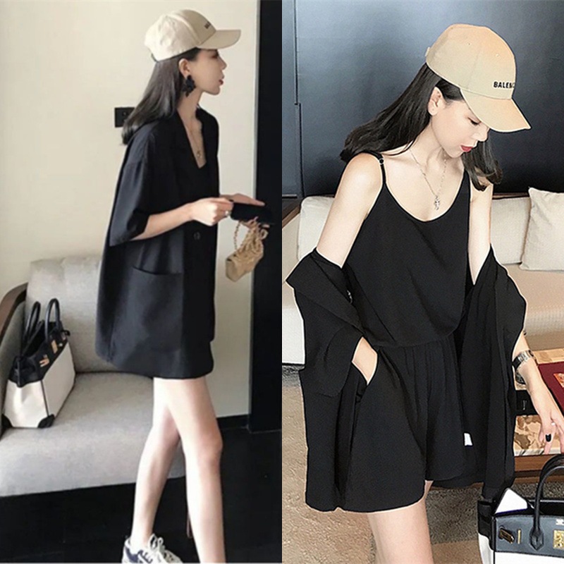 セットアップ レディース 3点セット 半袖 ジャケット キャミソール ショートパンツ 大人かわいい カジュアル シンプル クール モード 休日 お出かけ ブラック お得 無地 通学 夏 着回し
