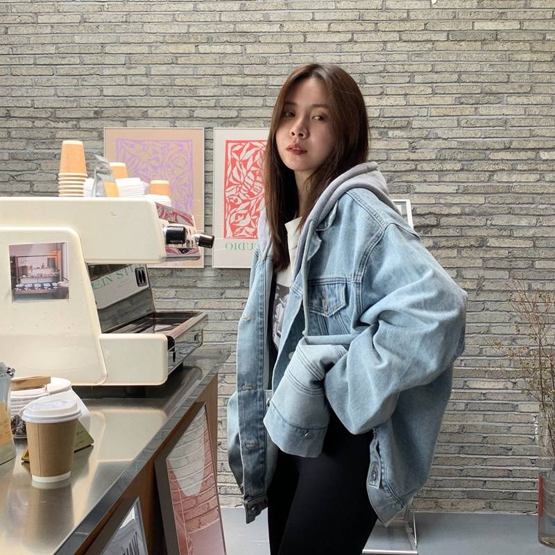 デニム ジャケット レディース フード ポケット ボタン カジュアル オーバーサイズ ビッグ ゆったり 楽ちん ラフ お出かけ 普段使い ボーイッシュ 学生 旅行 かっこいい おしゃれ 青 S M L