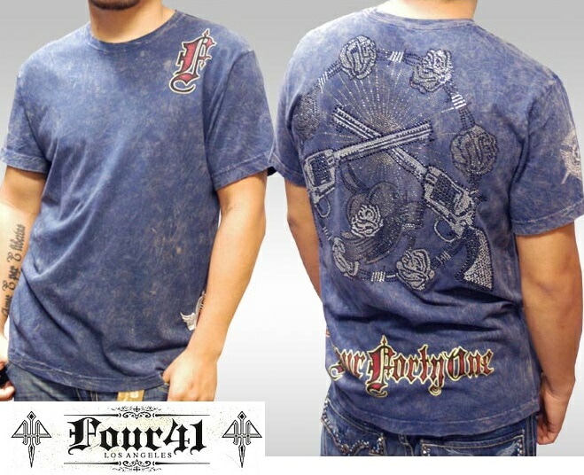 Four41 Los Angeles フォーフォーティーワン メンズ ラインストーン Tシャツ ガン&ローゼス ネイビー k-19 スワロフスキー インポート セレブ ブランド ストリート LAセレブ