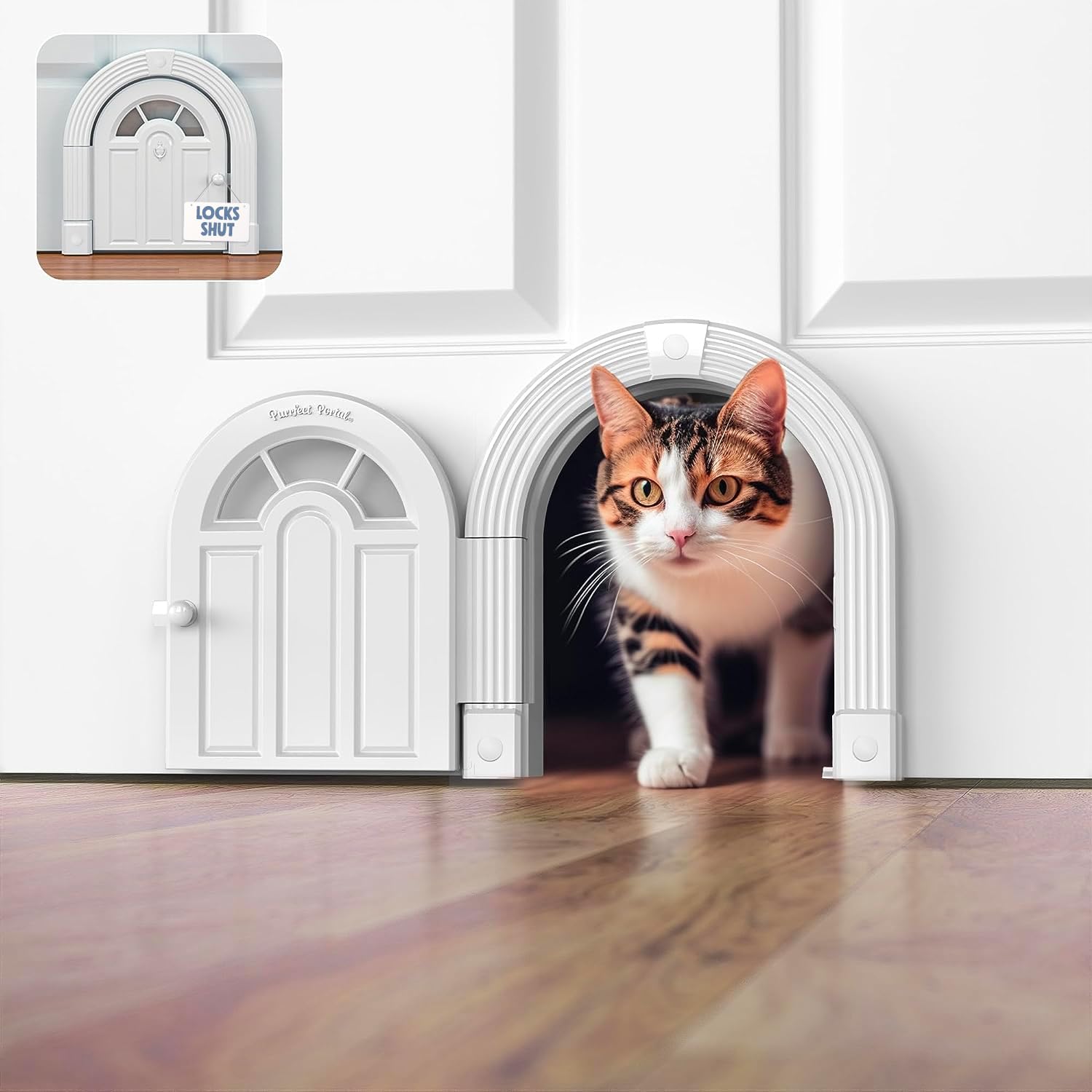 Purrfect Portal インテリアキャットドア - フラップなし キャットドア インテリアドア 最大20ポンドまでの猫用 簡単DIY設定 数分で取り付け トレーニング不要