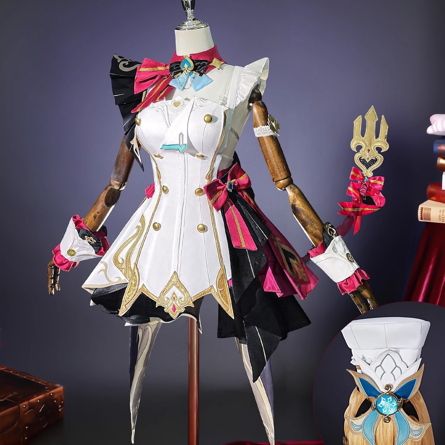 Monenjoy 原神　エスコフィエ　コスプレ衣装　 Escoffier　コスチューム　ワンピース　洋服　帽子付　3d樹脂アクセサリー　G1199