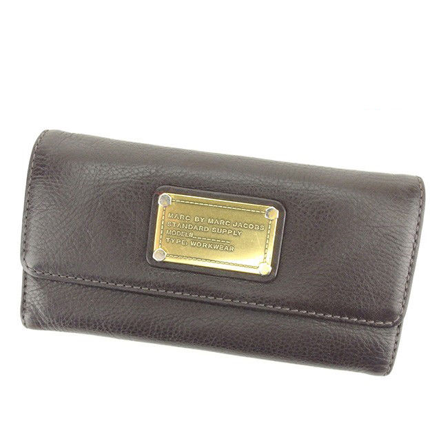 長財布 財布 ファスナー付き長財布 ロゴプレート ダークブラウン ゴールド 中古