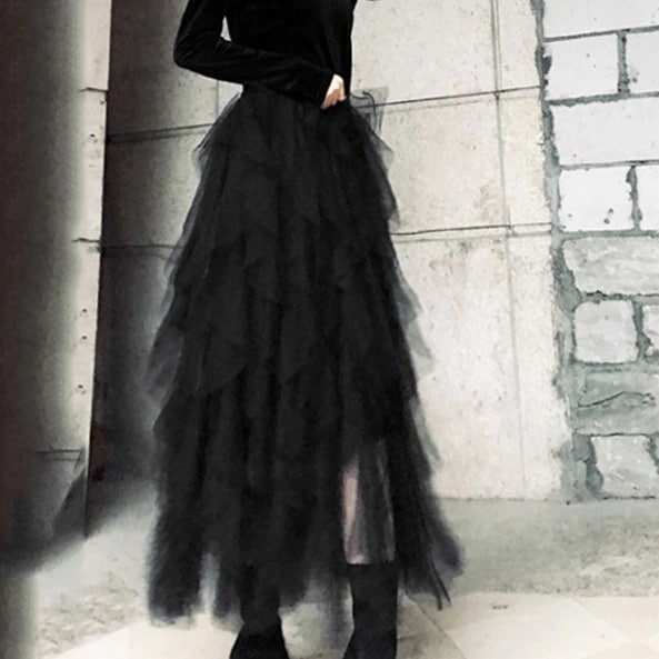 スカート 春夏 かわいい フレアスカート ロング丈 マキシ丈 無地 シースルー フリル 黒 ブラック かわいい 大人可愛い カジュアル おしゃれ お洒落 クラシカル エレガント フリーサイズ ワンサイ