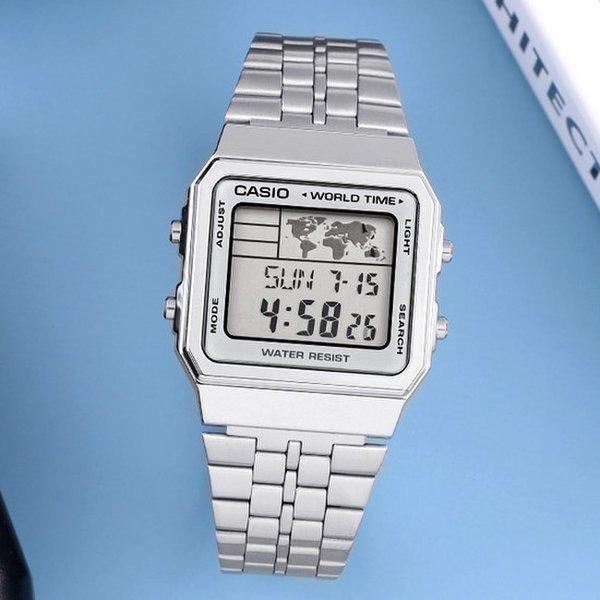 A500WA-7 レトロ スクエア ワールドマップ デジタル 男女兼用 メタル 時計 d