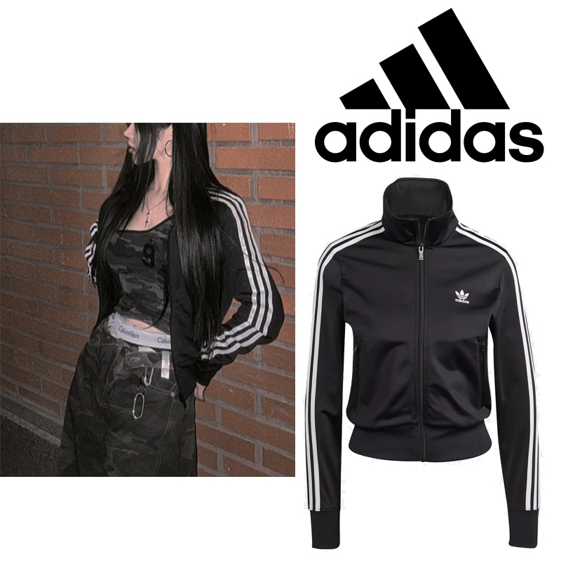 IL8764 ADICOLOR CLASSIC FIREBIRD TRACK TOP 韓国ストリート細見えジャージトップ伸縮快適3ストライプクロップ丈風ハイネックジップアップブラックコーデデイリー