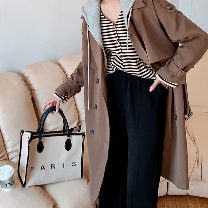 底値価格トレンチコート 重ね着風 フード付き ミドル丈 アウター レディース 10代 20代 30代 40代 50代 b13286