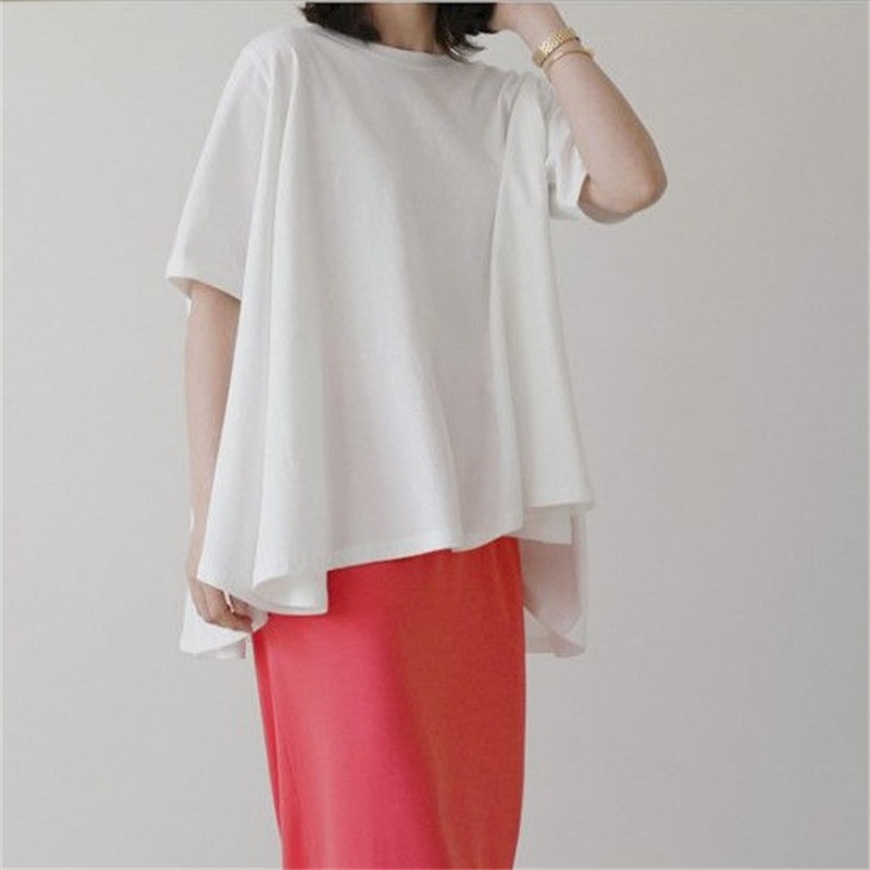 レディース トップス Tシャツ 普通丈 半袖 ドロップショルダー 袖あり クルーネック 襟なし アシンメトリー ワイド ドレープ オーバーサイズ フェミニン 薄手 かわいい 大人可愛い きれいめ