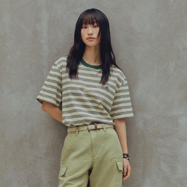 共用ストライプ半袖Tシャツ ベージュ ダークグリーン A5SUN ADQ