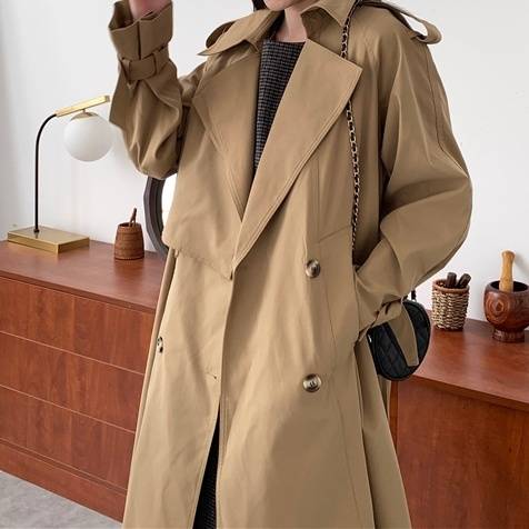 レディース アウター コート ロングコート トレンチコート 膝下 ダブルボタン ベルト付き キャンデ