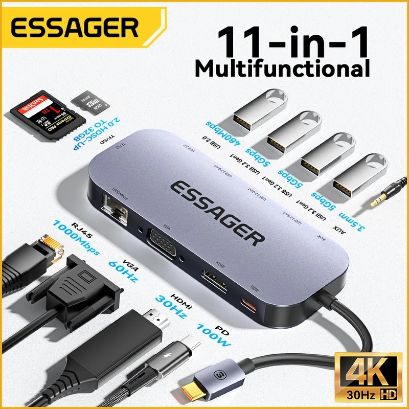 納期21日Essager 11 in 1 USBcハブ4k30hzタイプcドッキングステーションformacbook air proアダプタースプリッターノートパソコン用HDMI互換rj45 8,504円