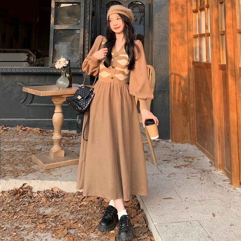 ワンピースドレス長袖ロングマキシ丈ワンピコーデュロイ 長袖 ロング ワンピース ニット ワンピース 韓国ファッション 秋服 フェイクレイヤード 大きいサイズ