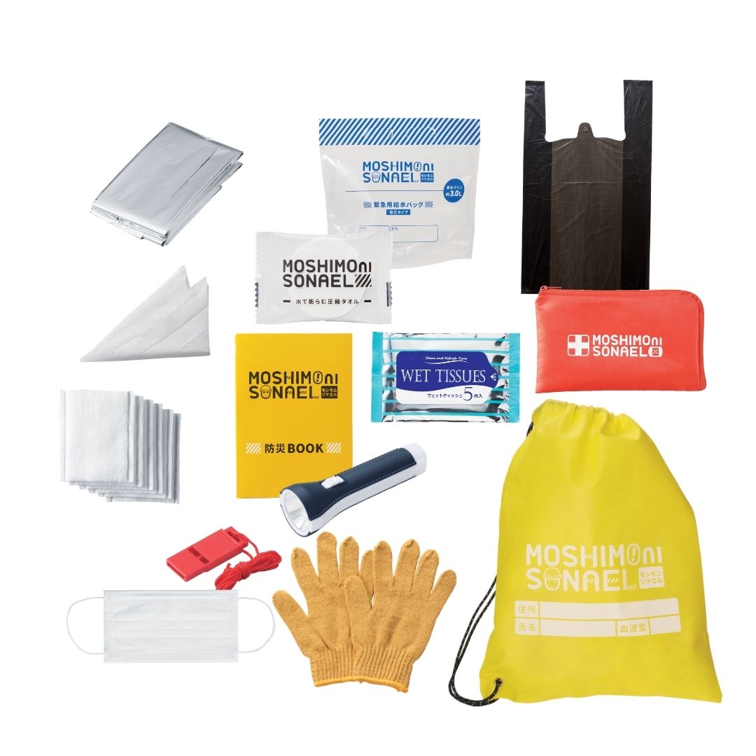 【48個セット】モシモニソナエル　防災15点セット 非常用持ち出しセット 避難グッズ 救急入り ナップサック入り 防災リュック 地震対策 台風備え モシモニソナエル 災害対策グッズ ノベルティ