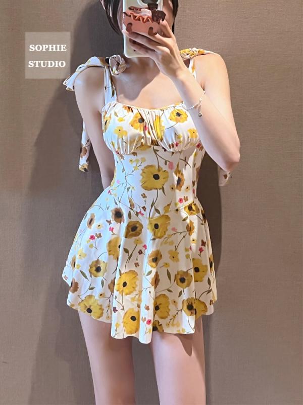 ワンピース 水着 レディース かわいい 夏 プール ビーチ ナイロン スパンデックス ポリエステル 弓 カジュアル ノースリーブ スカート