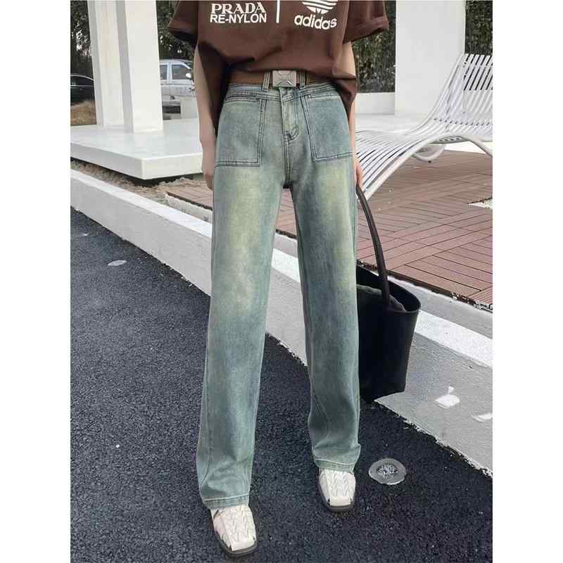 レディース ファッション カジュアル おしゃれ 夏 ハイウエスト フロント ダブル ポケット ストレート ワイドレッグ パンツ 軽量 涼しい カラー レトロ ジーンズ