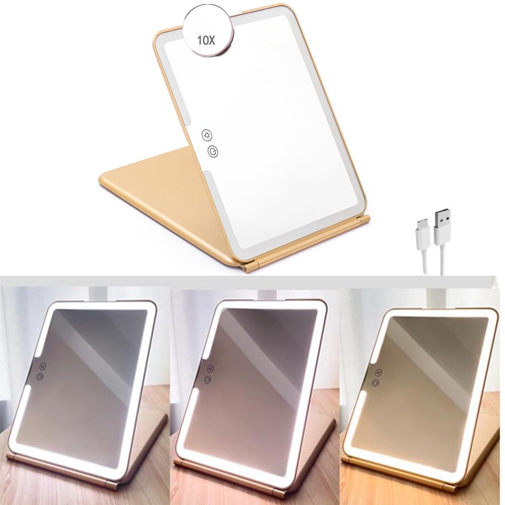 FLORPERRY 化粧ミラー LEDメイクアップミラー 折りたたみ鏡 大きい卓上鏡 マグネティック取り外し可能 10倍拡大鏡付き 照明付き化粧鏡 女優ミラー HD化粧鏡 3色無段階調光 持ち運び ト