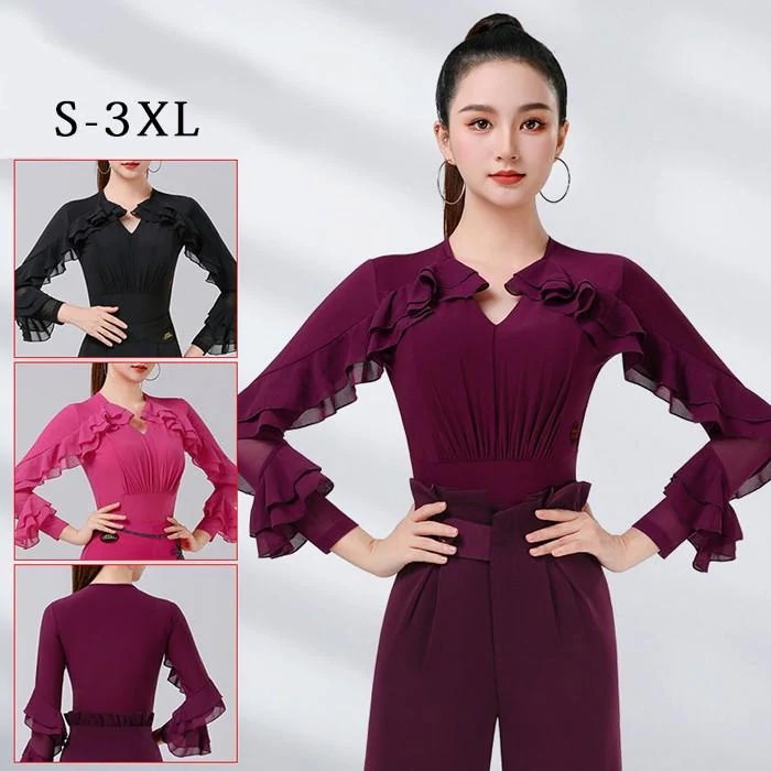 社交ダンス トップス レオタード 股下ホック 長袖 透け感 フリル 胸パッド付き ラテン モダン タンゴ サンバ ブラック ブラック ローズ パープル S-3XL