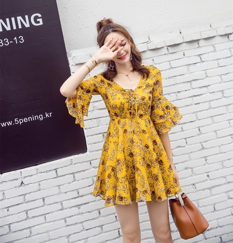 1310. 花柄Ａラインミニドレス（イエロー）　パーティドレス 結婚式 二次会 お呼ばれ 大人 かわいい