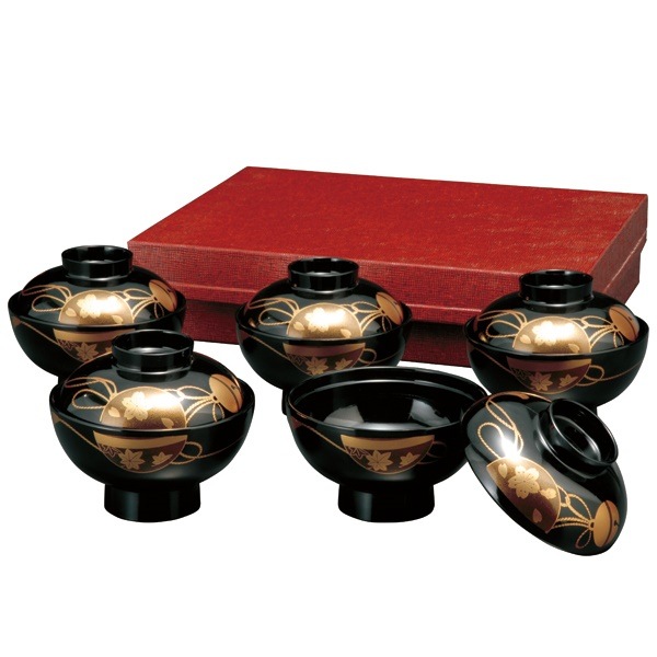 紀州塗り　４寸　吸物椀　黒　鈴春秋(5客入)