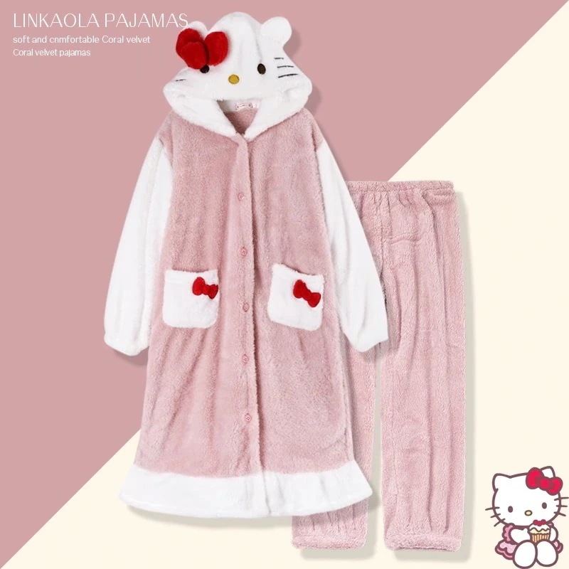 【2個買うと1個無料】ハローキティ サンリオ もこもこ ルームウェア 厚い モコモコ ガウン パジャマ ワンピースパジャマ レディース 冬かわいい 着ぐるみ ペアルック カップル キッズ メンズ 福袋