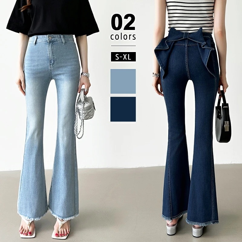 【急速出荷】バックリボンデニムパンツ フレアパンツ リボン デニム パンツ レディース バックリボン バックリボンデニム フリンジ デニムパンツ フレアデニム 美脚 ジーンズ ブーツカットパンツ フレ