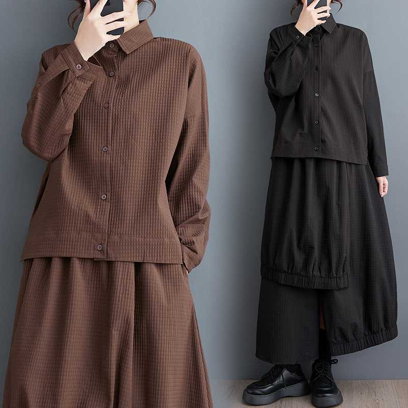 セットアップ 春 二点セット 長袖 シャツ ブラウス 綿麻 イレギュラー マキシスカート ゆったり 気質 カジュアル 百掛け 着やせ